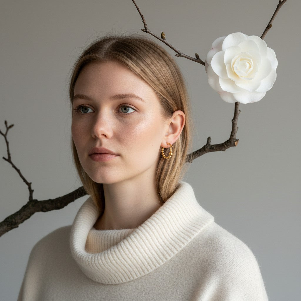 Aramat Jewels gold-coloured 21mm hoop earrings with a beaded motif, worn by a blonde model.