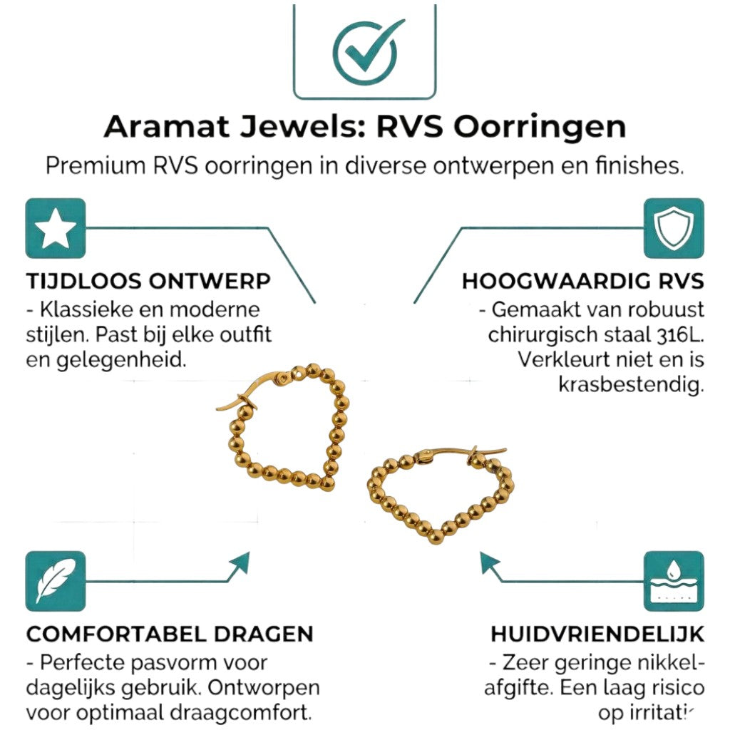Aramat Jewels gold-colored stainless steel hoop earrings with a beaded design, 33mm drop shape.