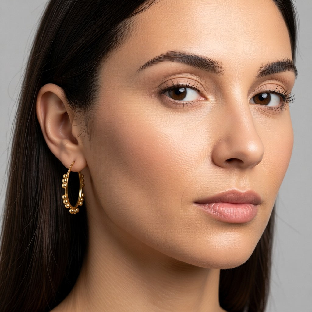 Aramat Jewels gold-tone stainless steel hoop earrings with a beaded design, 35mm diameter.