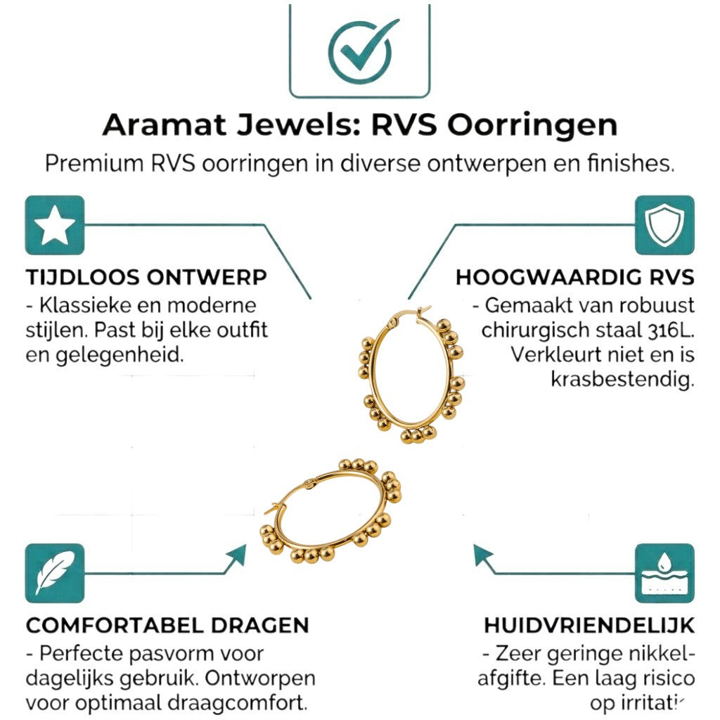 Aramat Jewels gold-tone stainless steel hoop earrings with a beaded design, 35mm diameter.