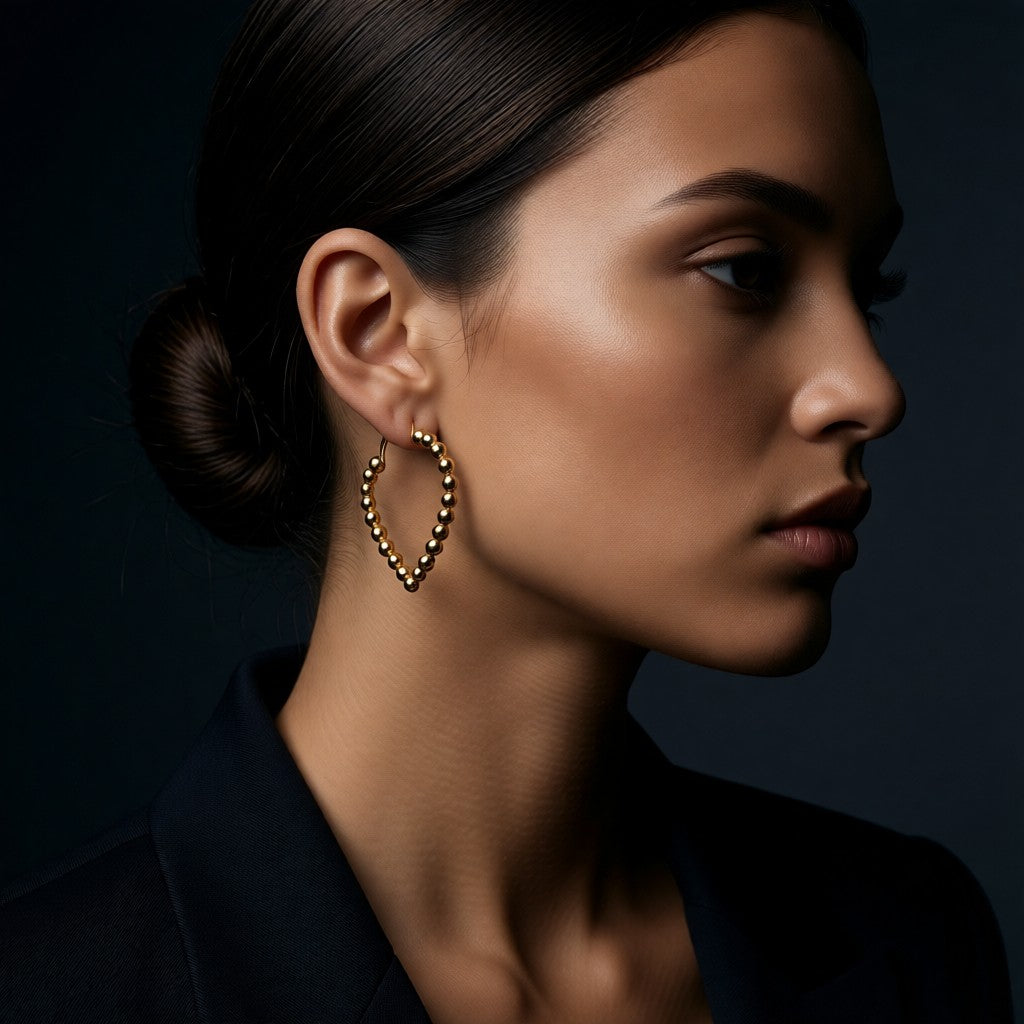 Aramat Jewels gold-tone stainless steel teardrop hoop earrings with a beaded design, 33mm.