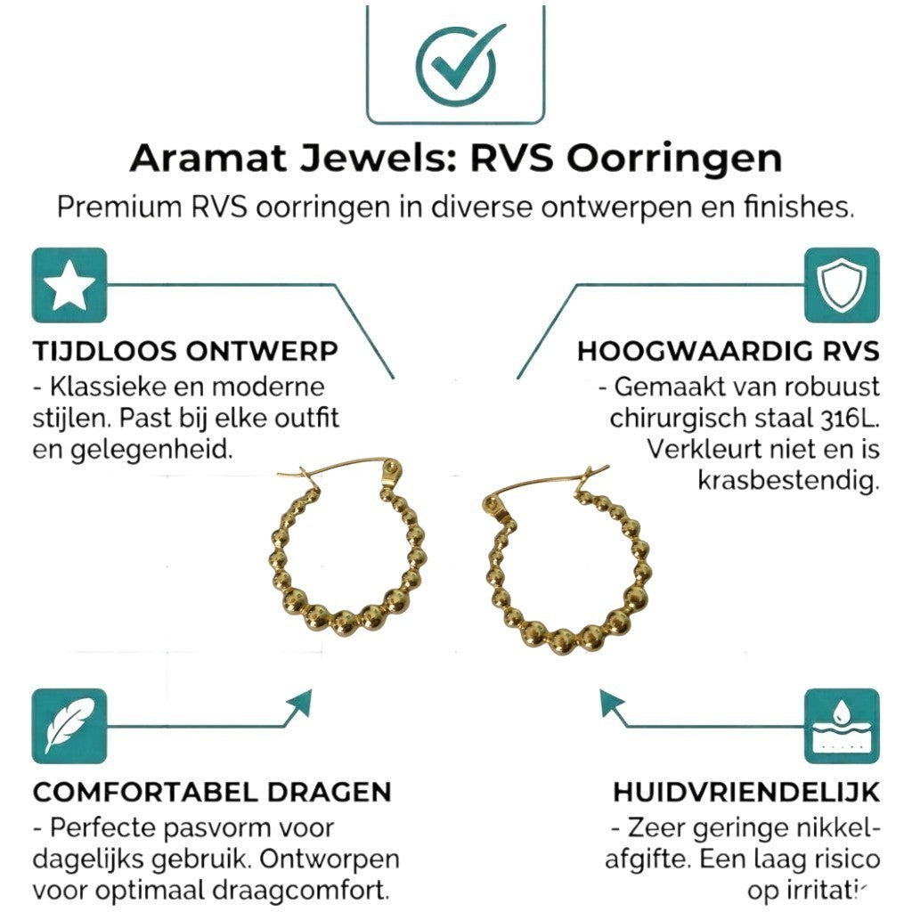 Aramat Jewels gold-tone stainless steel hoop earrings with a beaded design, 18mm diameter.