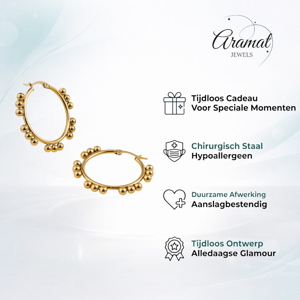 Aramat Jewels gold-tone stainless steel hoop earrings with a beaded design, 35mm diameter.