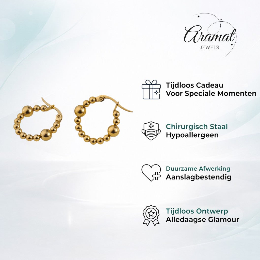 Aramat Jewels gold-tone stainless steel hoop earrings with a beaded pattern and larger accent beads, 21mm diameter.