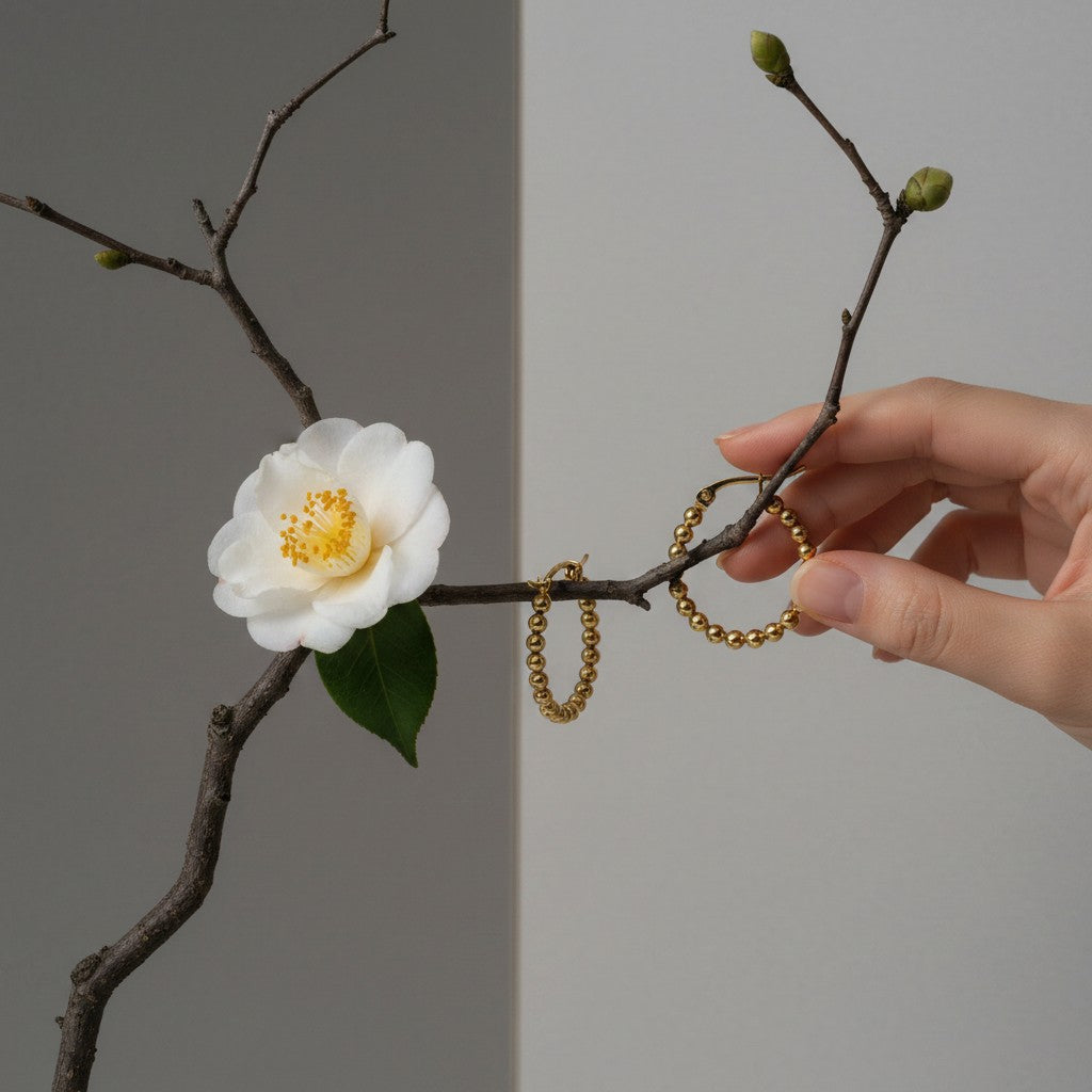 Aramat Jewels gold oval hoop earrings with beaded design, 25x20mm, made of stainless steel.