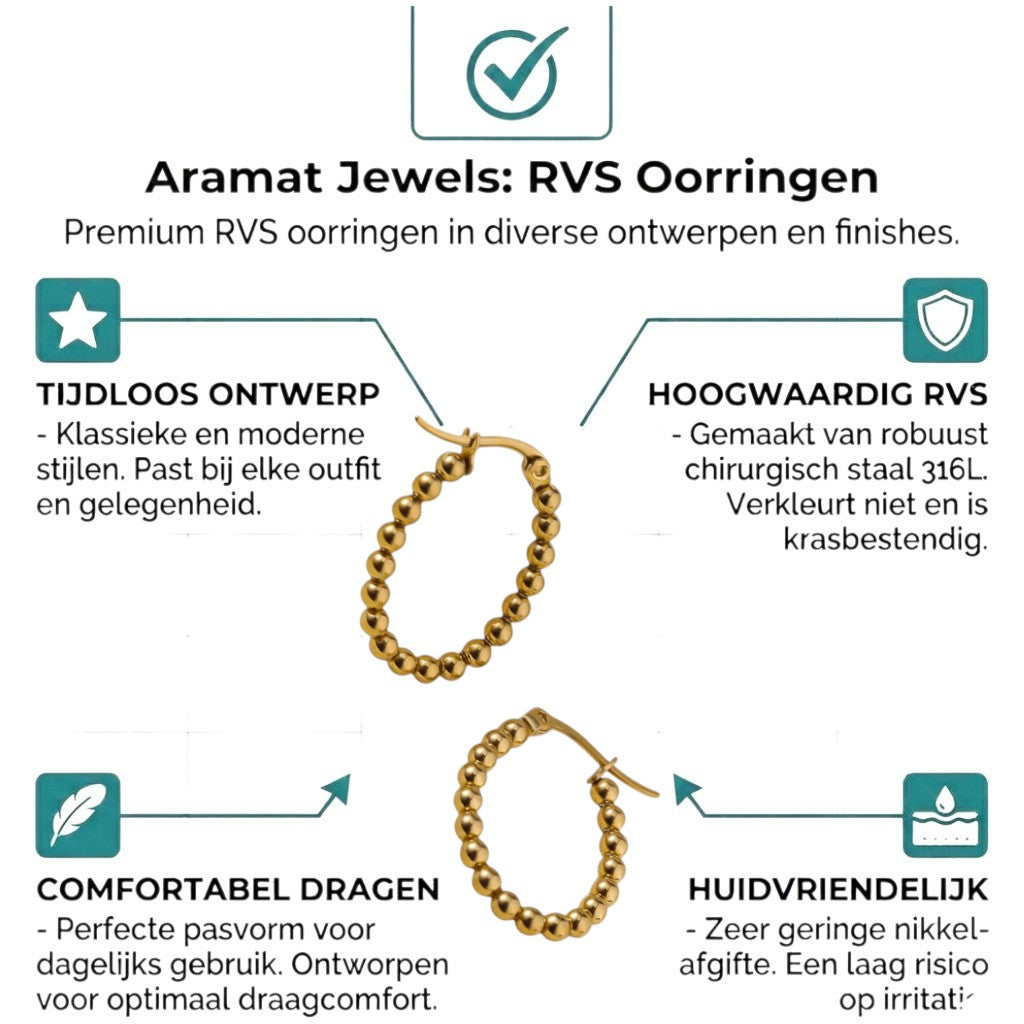 Aramat Jewels gold oval hoop earrings with a beaded design, 25x20mm, made of stainless steel.