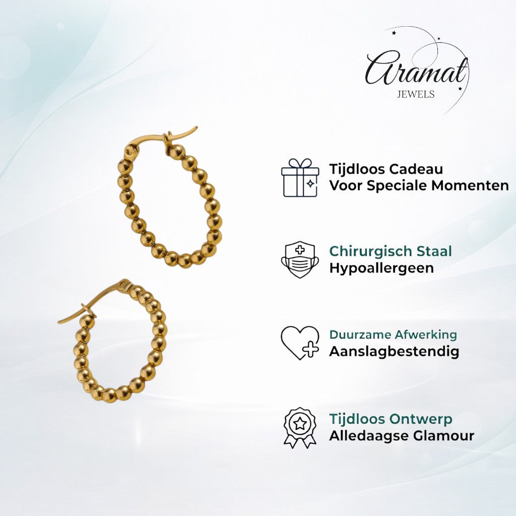 Aramat Jewels gold oval hoop earrings with a beaded design, 25x20mm, made of stainless steel.
