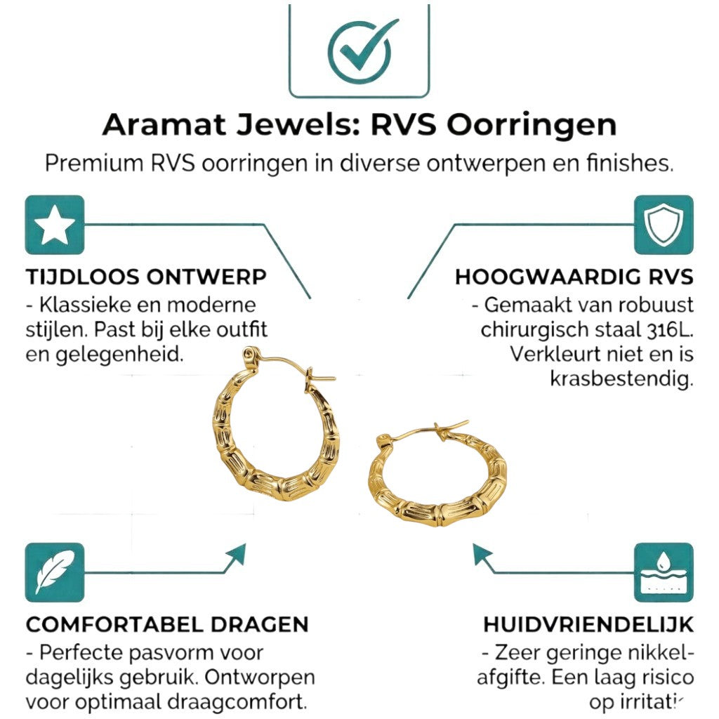 Aramat Jewels gold-coloured stainless steel hoop earrings with a bone-structure texture, 25mm diameter.