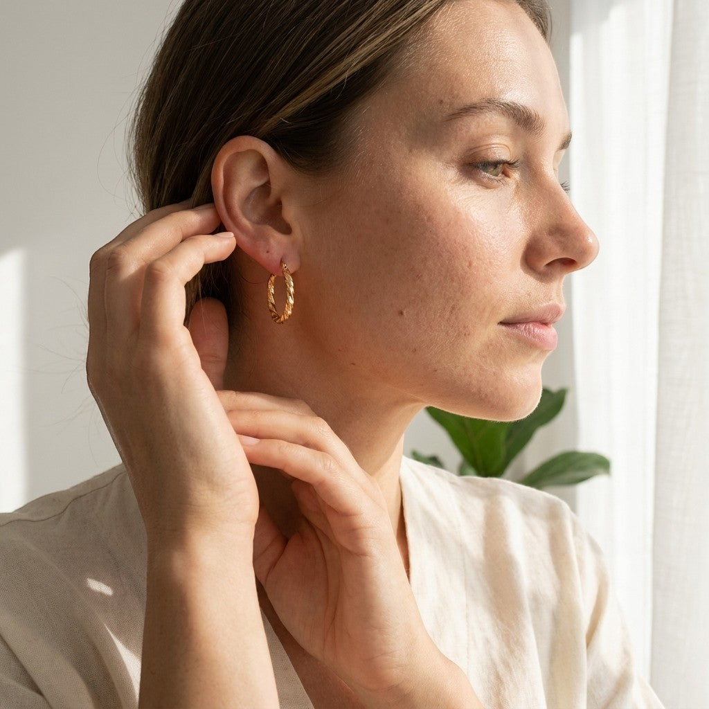 Aramat Jewels gold-tone stainless steel braided hoop earrings, 20mm diameter, with a hinge closure.