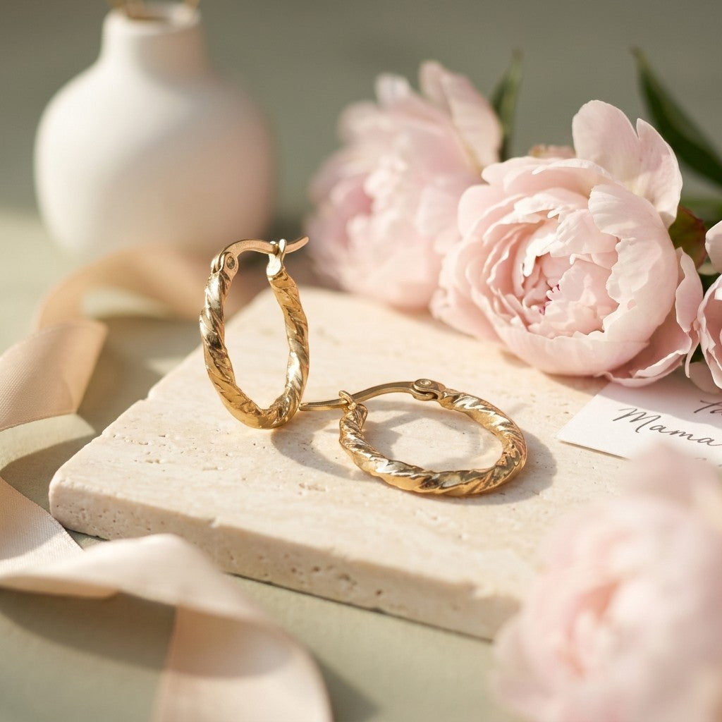 Aramat Jewels gold-tone stainless steel braided hoop earrings, 20mm diameter, with a twisted design. Delicate and elegant.