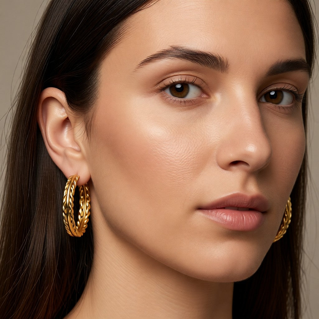 Aramat Jewels gold-tone stainless steel hoop earrings with a braided rope design, 35mm diameter.