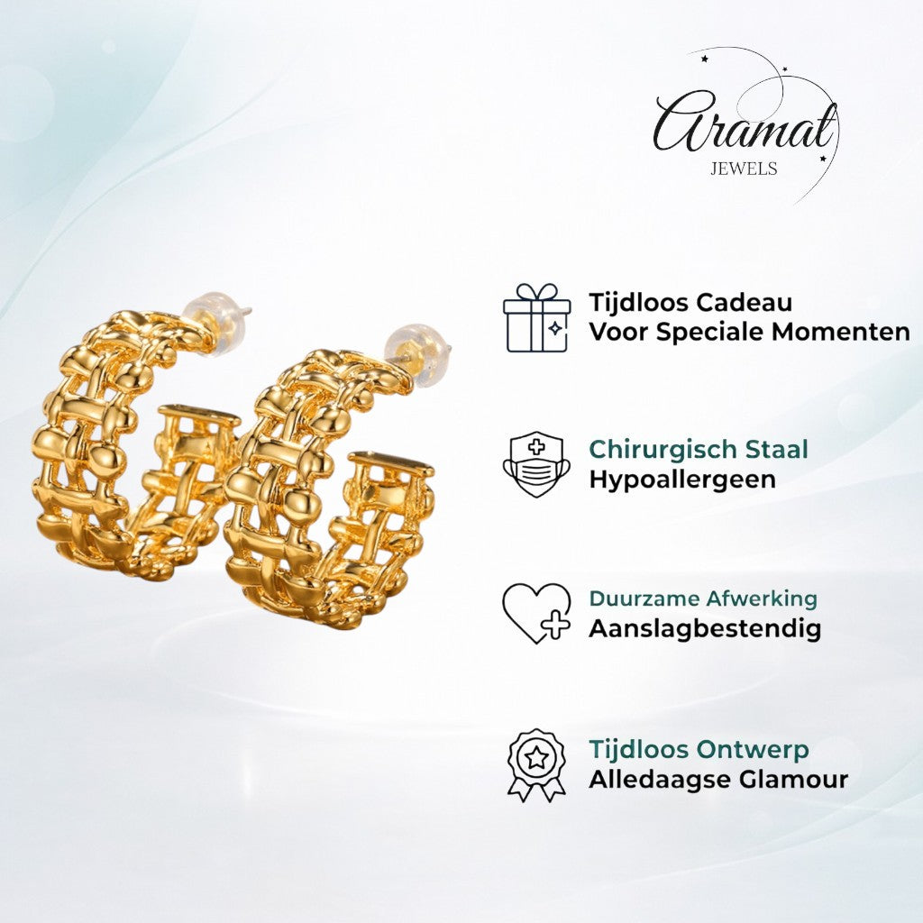 Aramat Jewels gold-tone braided stainless steel half hoop earrings, 25x10mm, waterproof and tarnish-resistant.