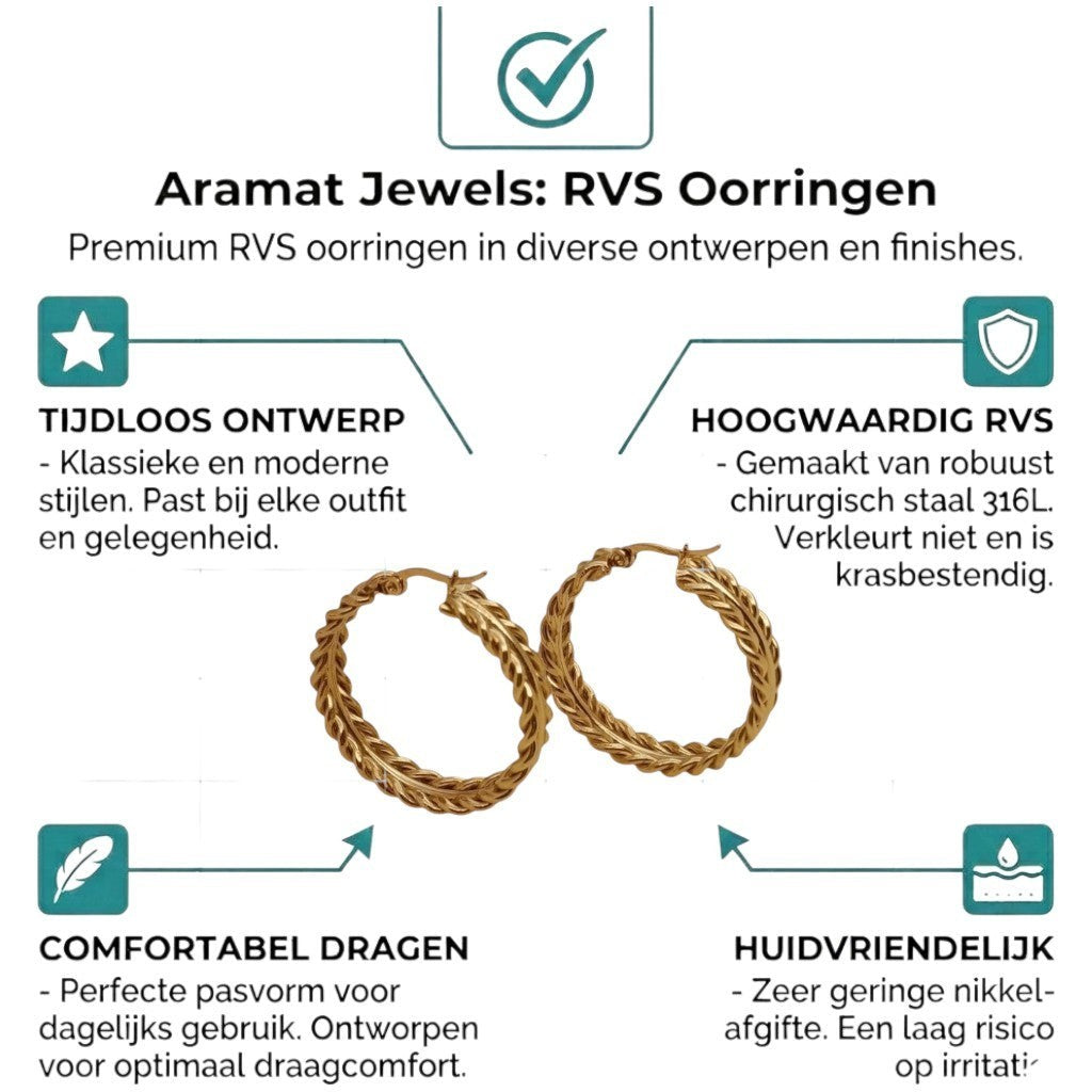 Aramat Jewels gold-tone stainless steel hoop earrings with a braided rope design, 35mm diameter.