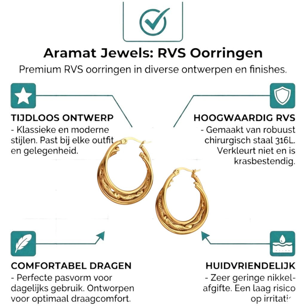 Aramat Jewels gold-tone stainless steel 3-layer hoop earrings with braided detail, 25mm diameter.