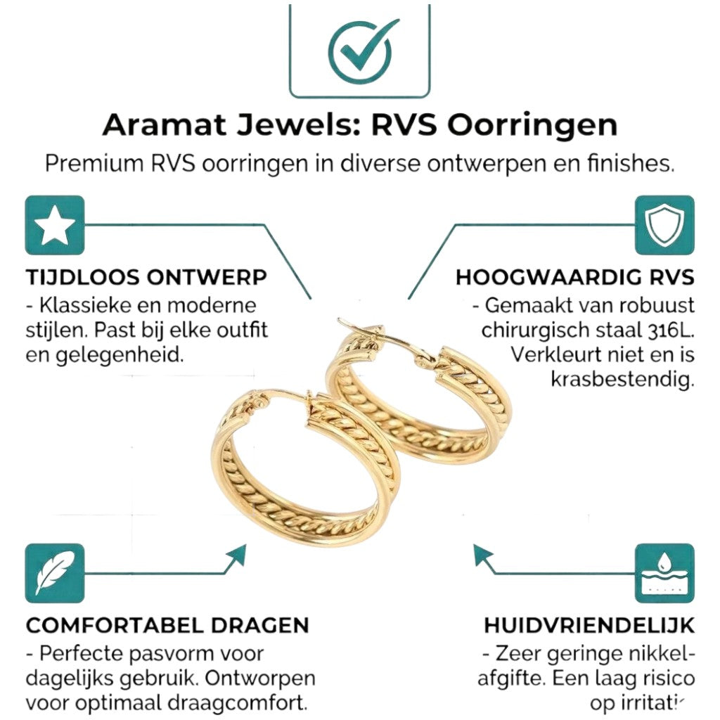 Aramat Jewels gold-tone stainless steel hoop earrings with a braided detail. Diameter 30mm.