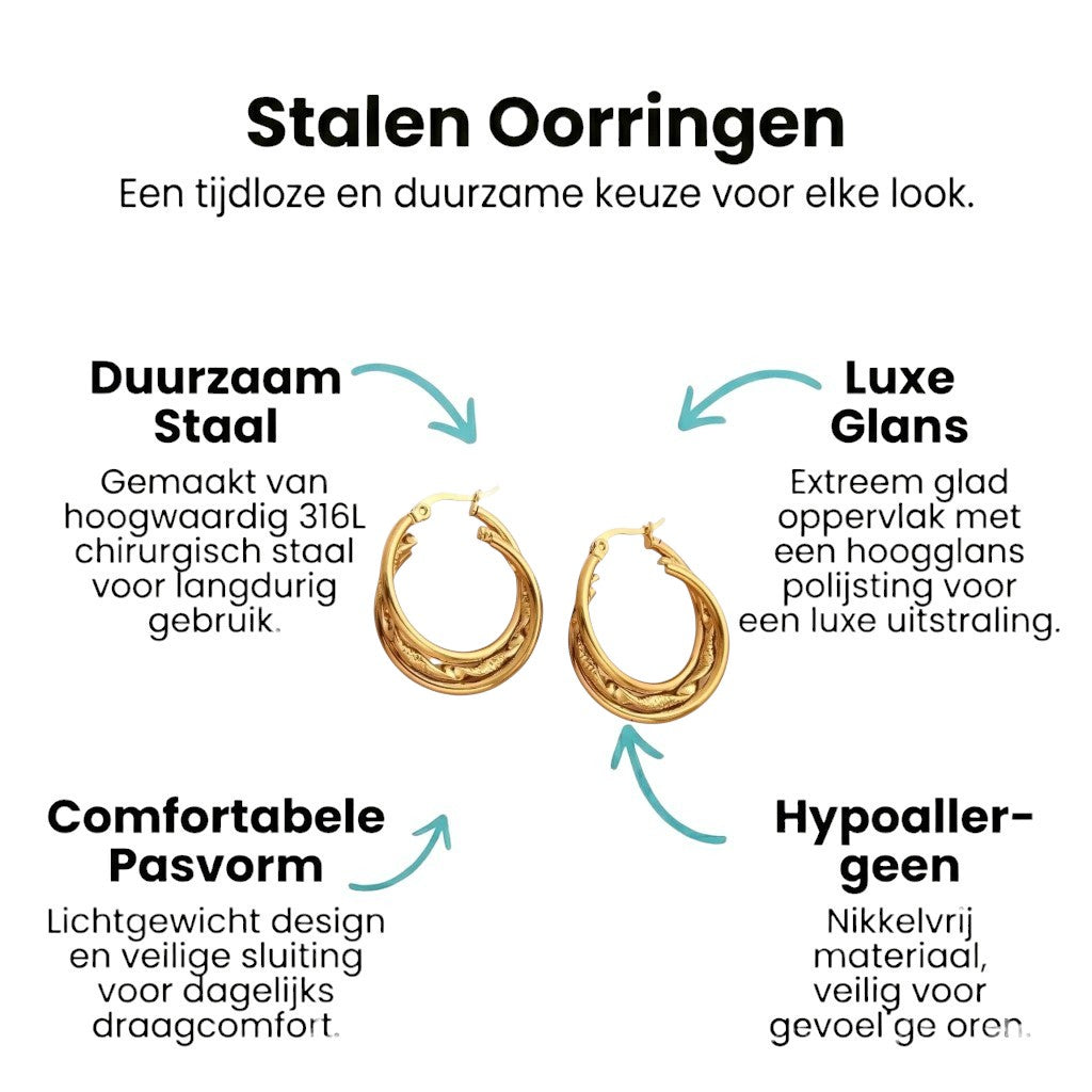 Aramat Jewels gold-tone stainless steel 3-layer hoop earrings with braided detail, 25mm diameter.