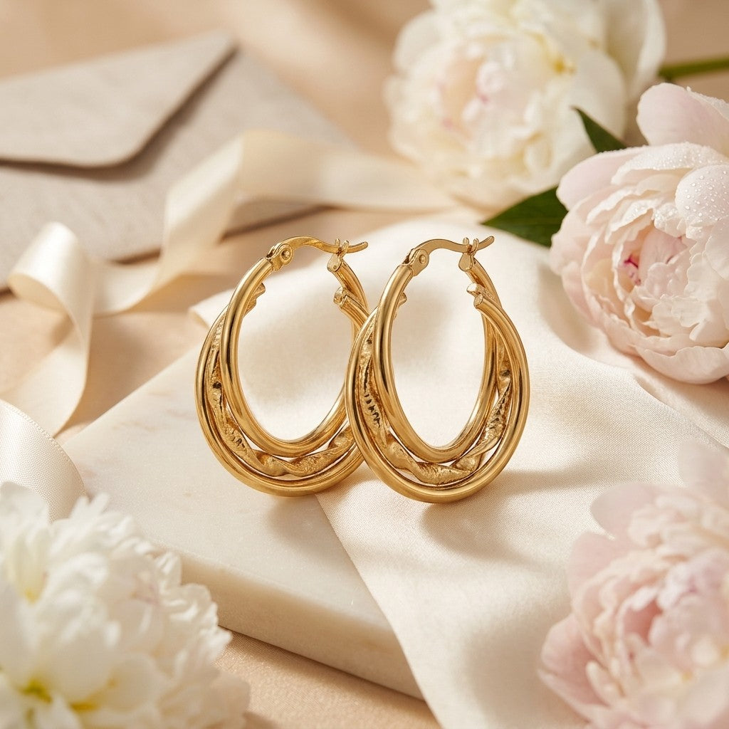 Aramat Jewels gold-tone stainless steel 3-layer hoop earrings with braided detail, 25mm diameter.