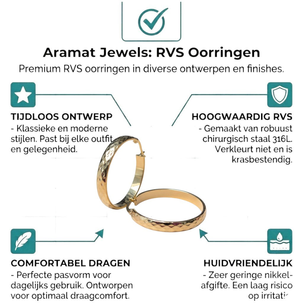 Aramat Jewels gold-tone stainless steel hoop earrings with a diamond-cut checkered pattern, 35mm diameter.