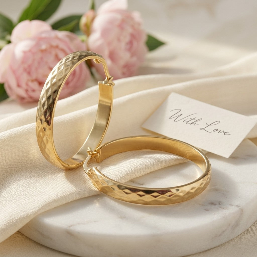 Aramat Jewels gold-tone stainless steel hoop earrings with a diamond-cut checkered pattern, 35mm diameter.