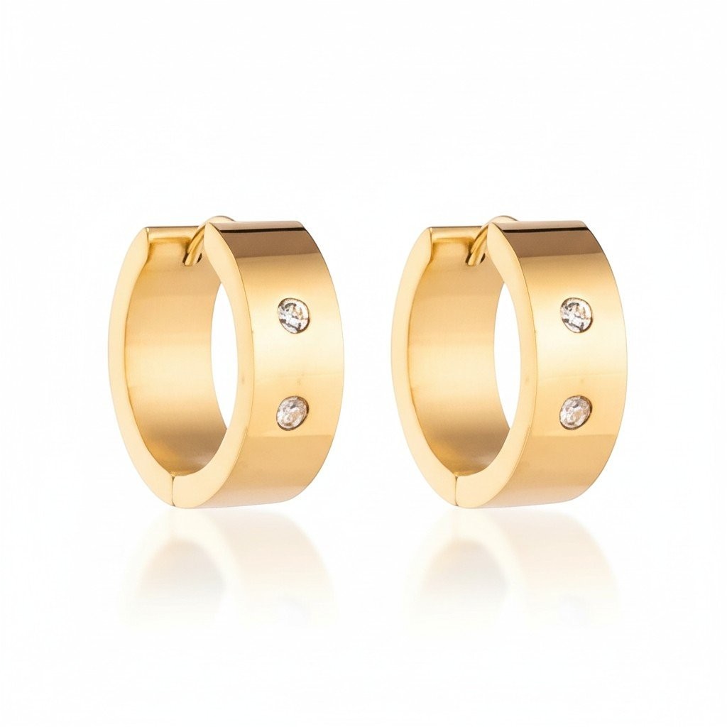 Aramat Jewels gold-tone stainless steel hoop earrings with two clear cubic zirconia stones, available in 13mm or 20mm.