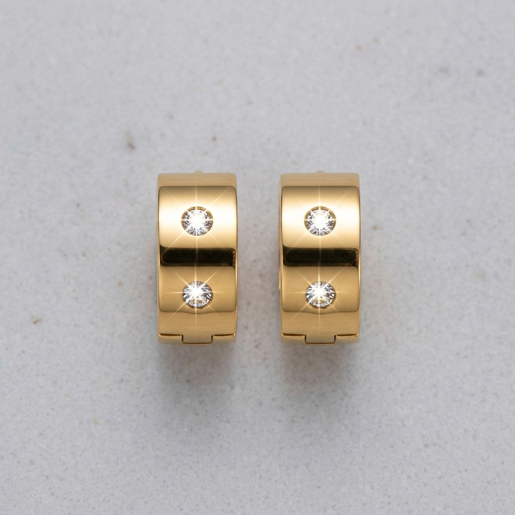 Aramat Jewels gold-tone stainless steel hoop earrings with two clear cubic zirconia stones each, 13mm or 20mm diameter.