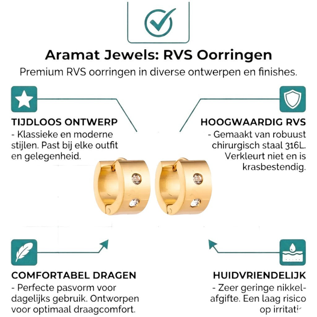 Aramat Jewels gold-tone stainless steel hoop earrings with two clear cubic zirconia stones, 13mm or 20mm diameter.