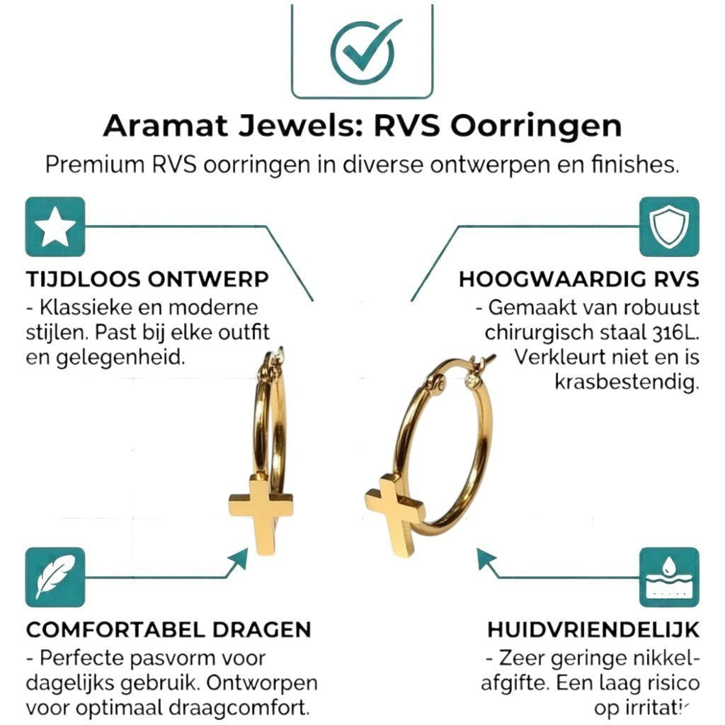 Aramat Jewels gold-tone stainless steel hoop earrings with a cross charm, 25mm diameter.
