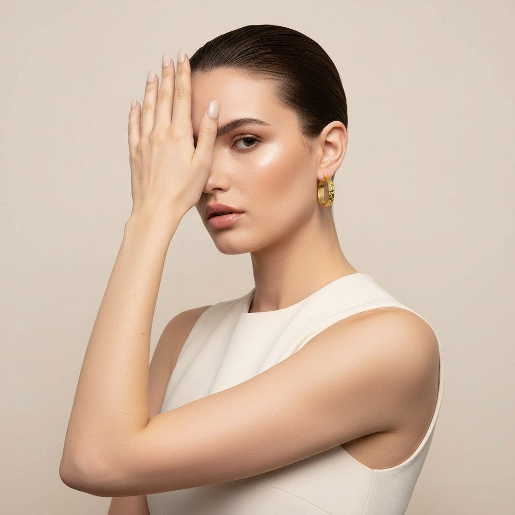 Aramat Jewels gold-tone stainless steel hoop earrings with a diamond-shaped pattern, 25mm diameter.