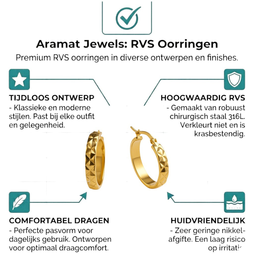 Aramat Jewels gold-tone stainless steel hoop earrings with a diamond-shaped pattern, 25mm diameter.