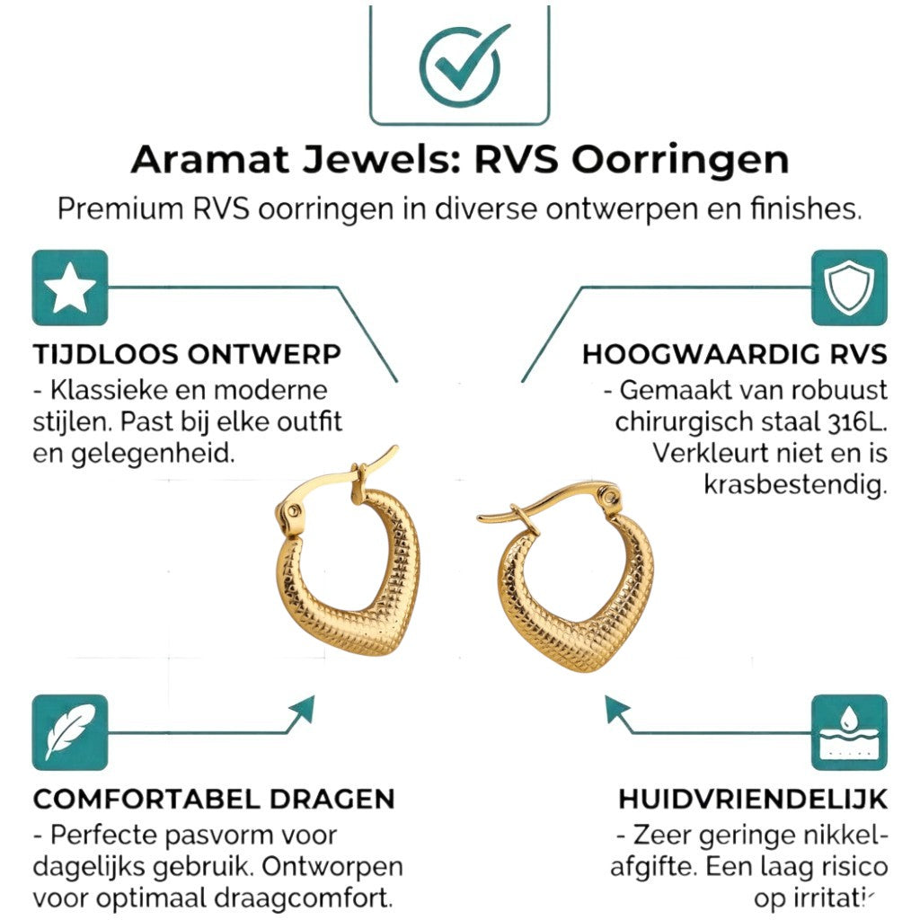 Aramat Jewels gold-colored stainless steel drop-shaped hoop earrings with a diamond pattern, 20x20mm.