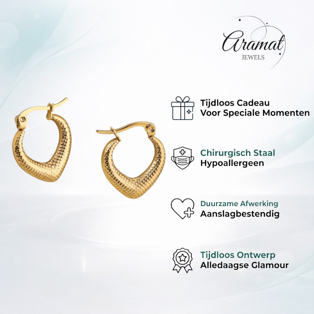Aramat Jewels gold-colored stainless steel drop-shaped hoop earrings with a diamond pattern texture, 20x20mm.