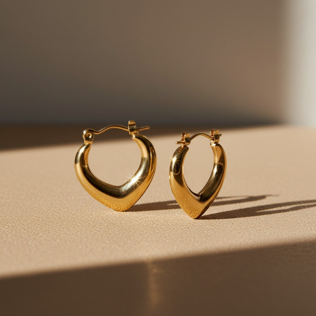 Aramat Jewels gold-tone stainless steel drop-shaped hoop earrings, 22mm, with a smooth finish and hinge closure.