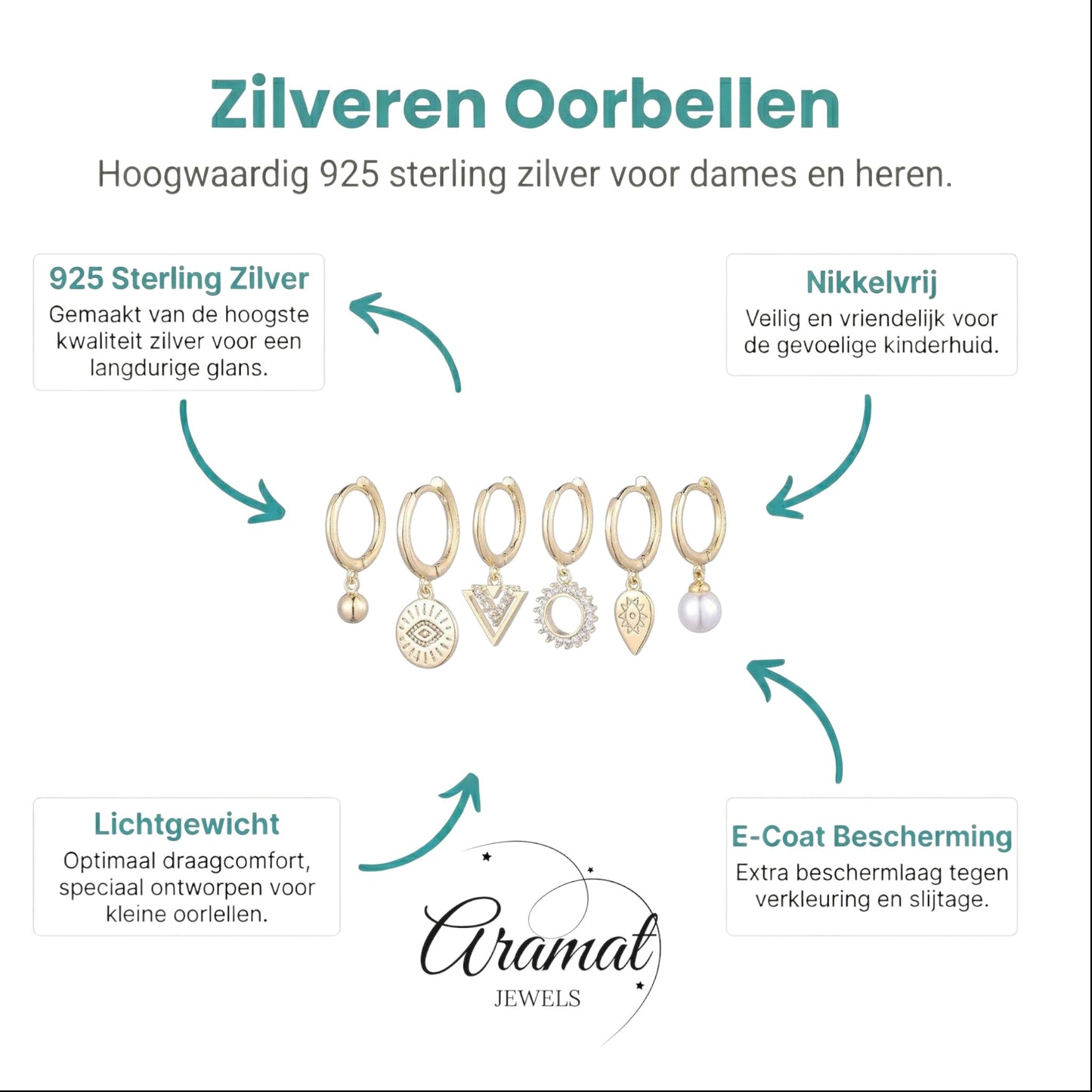 Aramat Jewels gold-plated hoop earring set with 6 charms: pearl, evil eye, triangle, sunburst, teardrop, and ball.