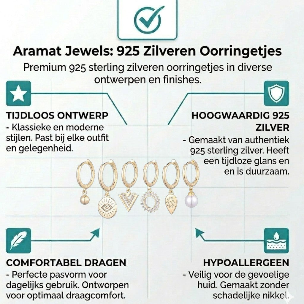 Aramat Jewels set of 6 gold-plated hoop earrings with charms: pearl, evil eye, triangle, sun, teardrop, and ball.