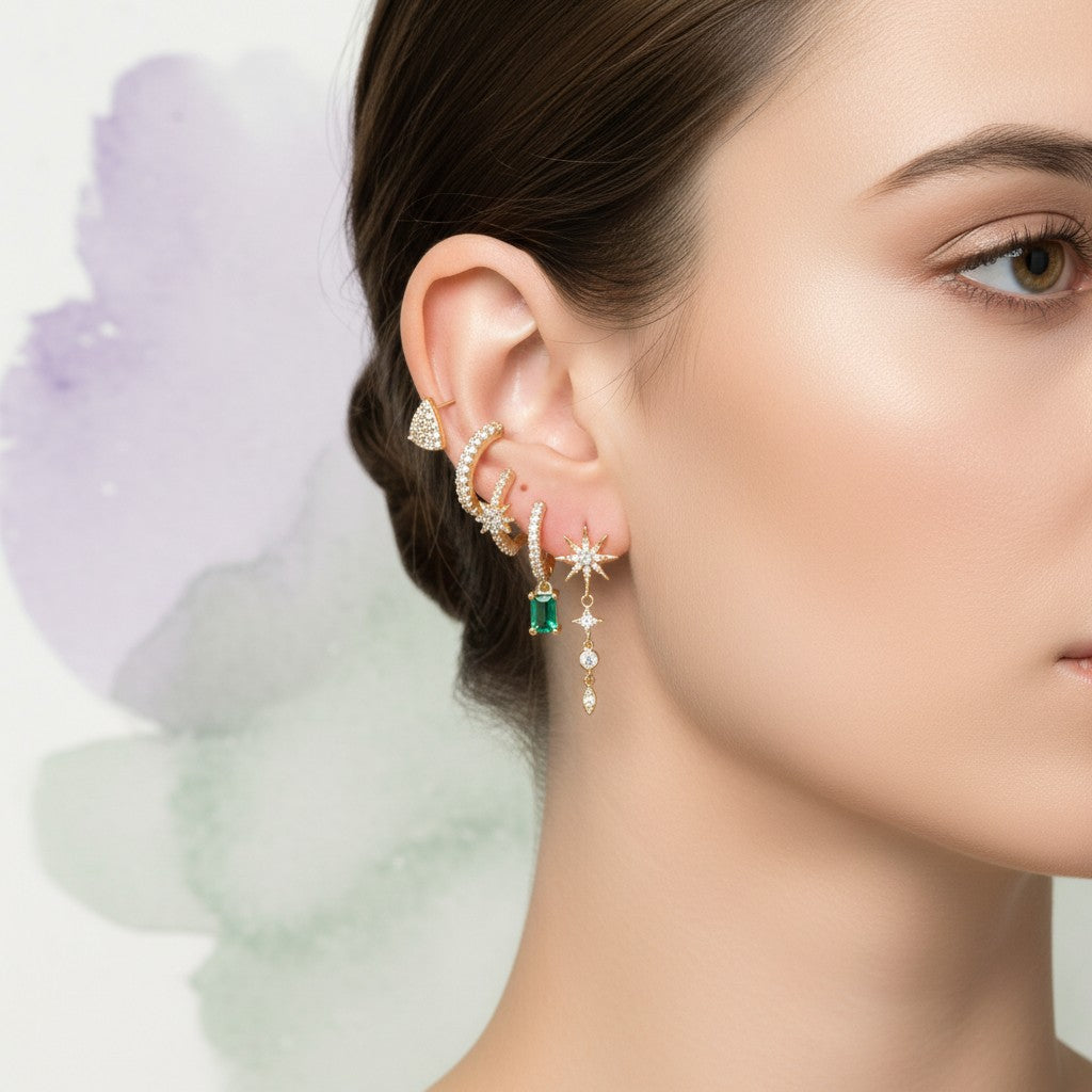 Aramat Jewels gold-tone 925 silver earring set with clear and green cubic zirconia, featuring hoops, studs, and charms.
