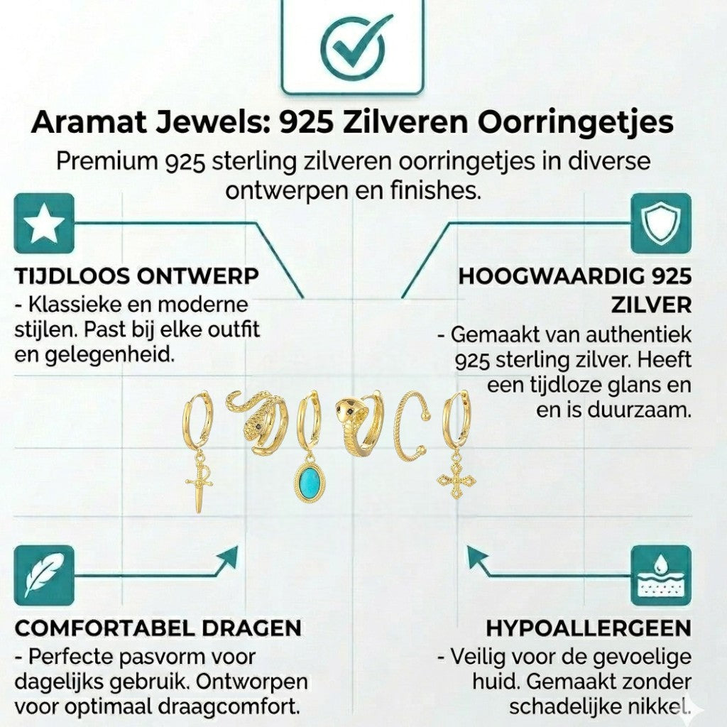 Aramat Jewels gold-plated 925 silver earring set with charms: snake, sword, turquoise oval, cross, and earcuff.