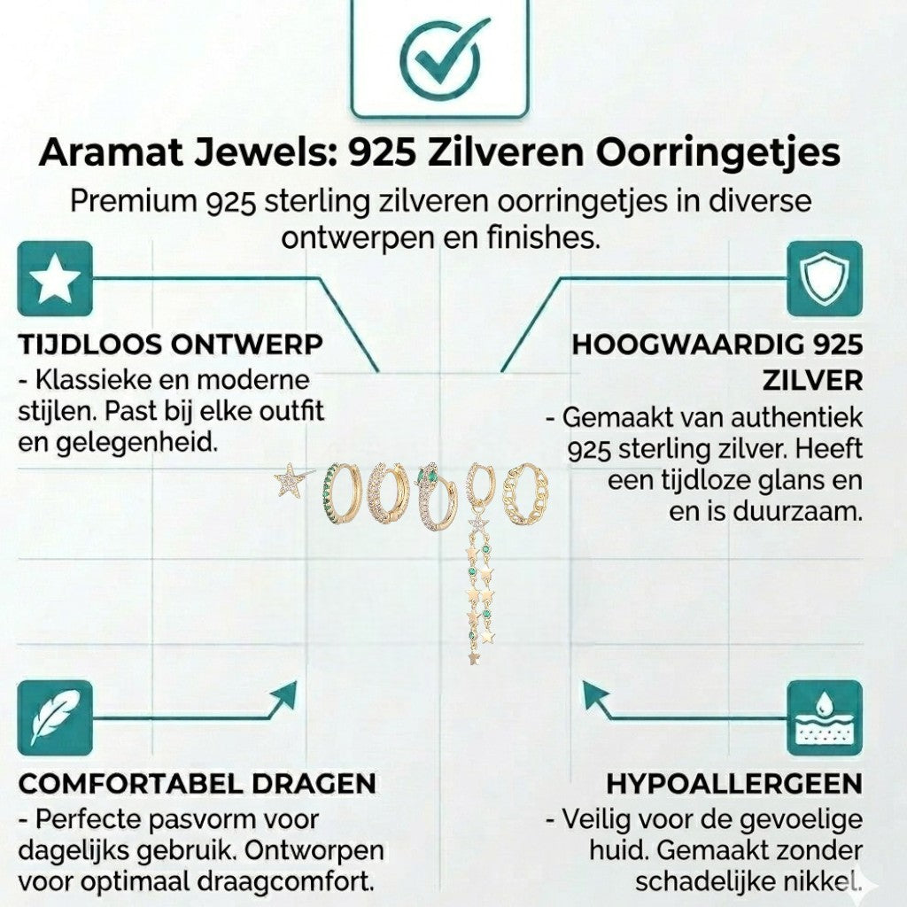 Aramat Jewels set of 5 gold-plated 925 silver earrings with stars, snakes, green stones, and chain links.