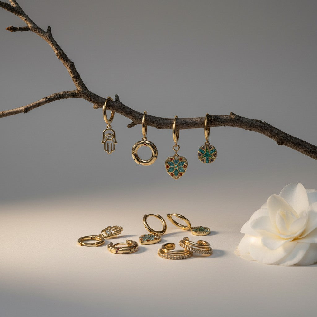 Aramat Jewels gold plated 925 silver earrings set with cubic zirconia, including hamsa hand, heart charm, and ear cuffs.