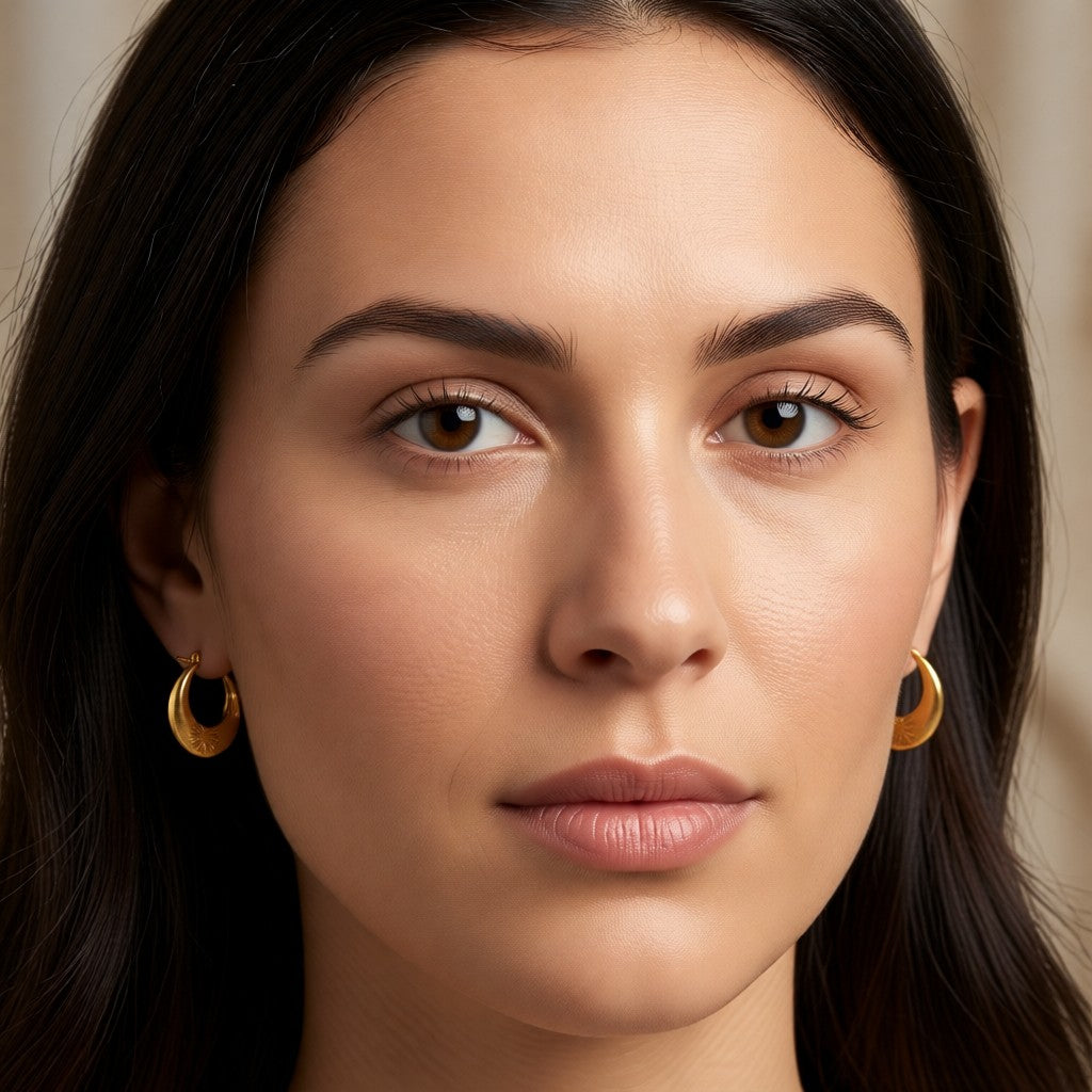 Aramat Jewels gold-tone stainless steel hoop earrings with a subtle floral design, 22x21mm, worn by a woman.