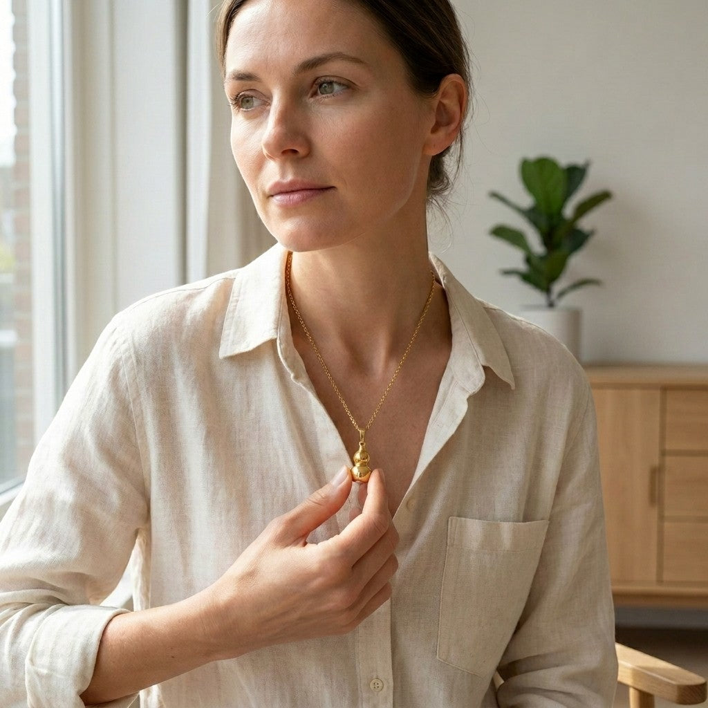 Aramat Jewels gold gourd-shaped ash pendant on a chain, worn by a woman.