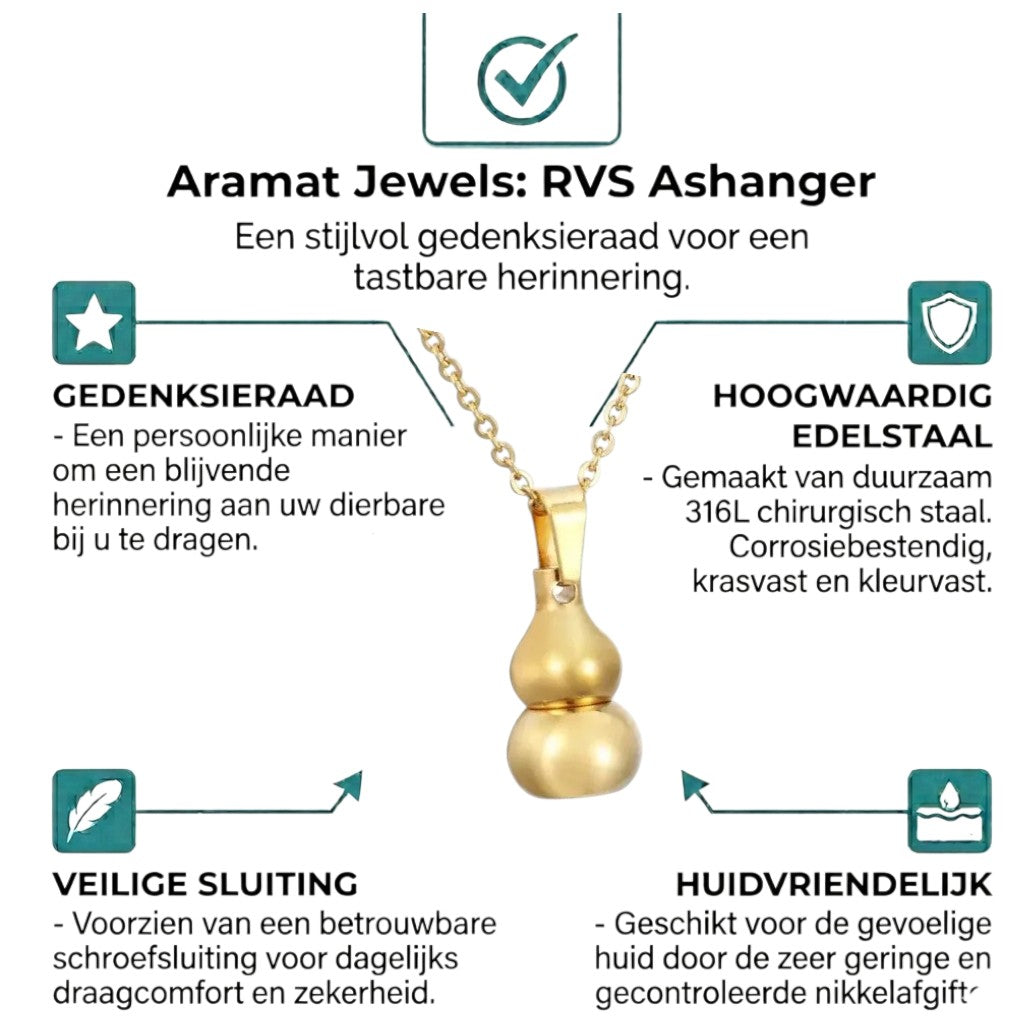 Aramat Jewels gold-colored stainless steel gourd-shaped ash pendant, 3x1.4cm, with a screw closure.