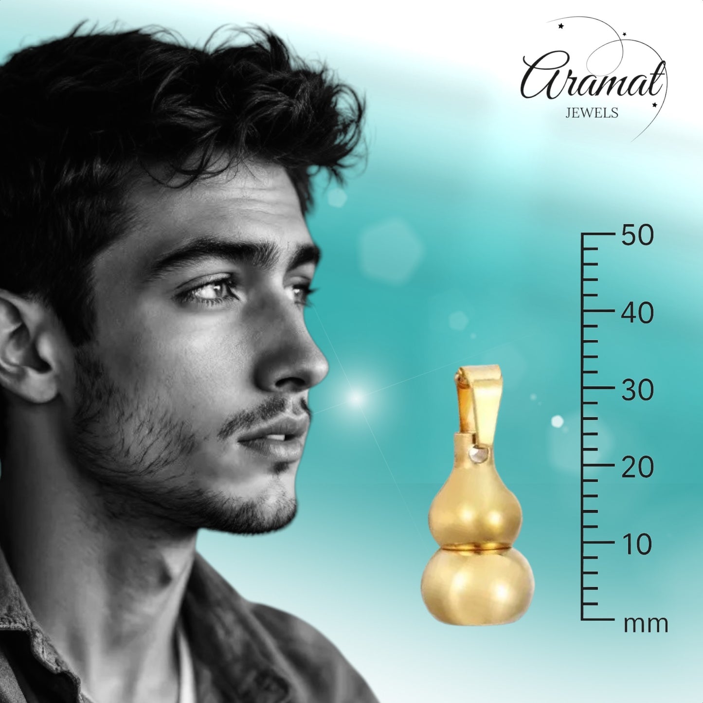 Aramat Jewels gold-coloured stainless steel gourd-shaped ash pendant, 3x1.4cm, with a screw closure for ashes.