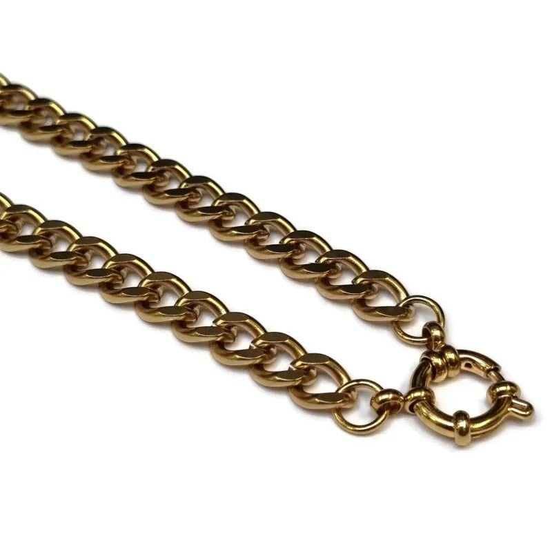 Aramat Jewels gold-tone stainless steel 7mm gourmet link charm necklace with a unique clasp.