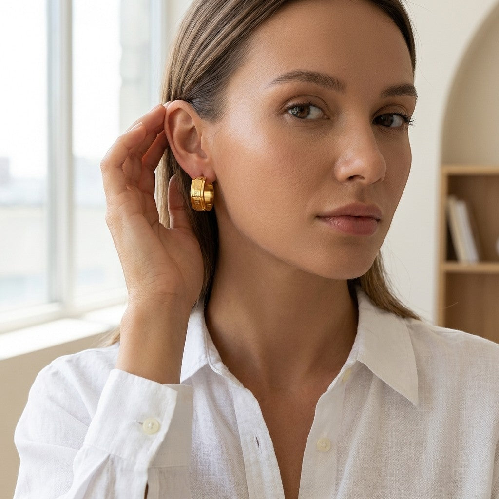 Aramat Jewels gold-tone stainless steel hoop earrings with Greek key pattern, 20mm diameter.