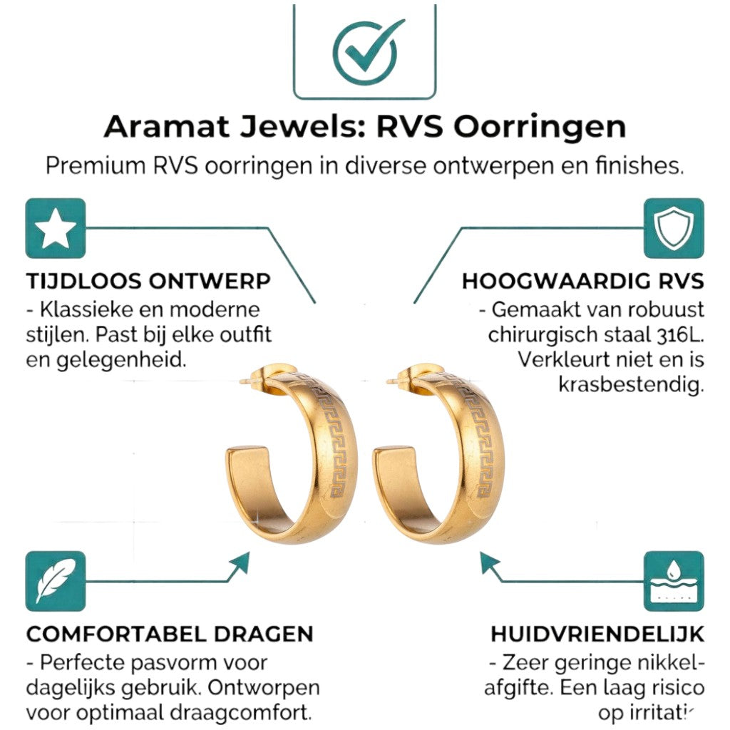 Aramat Jewels gold-tone stainless steel half-hoop earrings with Greek key pattern, 22mm diameter.
