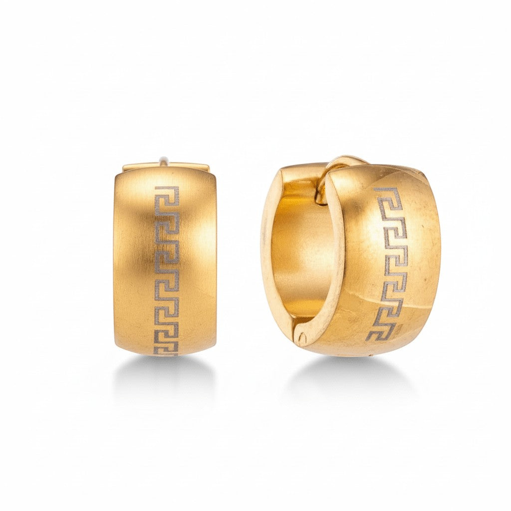 Aramat Jewels unisex gold-tone stainless steel hoop earrings with Greek key pattern, 20mm diameter.