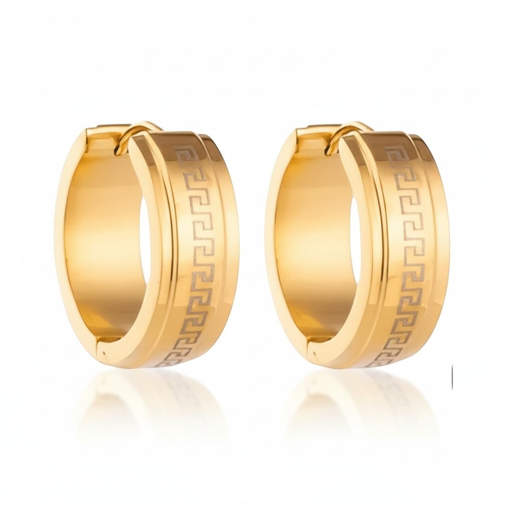 Aramat Jewels gold stainless steel hoop earrings with Greek key pattern, available in 13mm and 20mm.