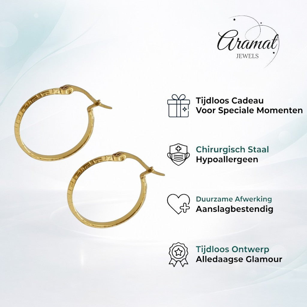 Aramat Jewels gold-colored stainless steel hoop earrings with Greek key pattern, 23mm diameter.