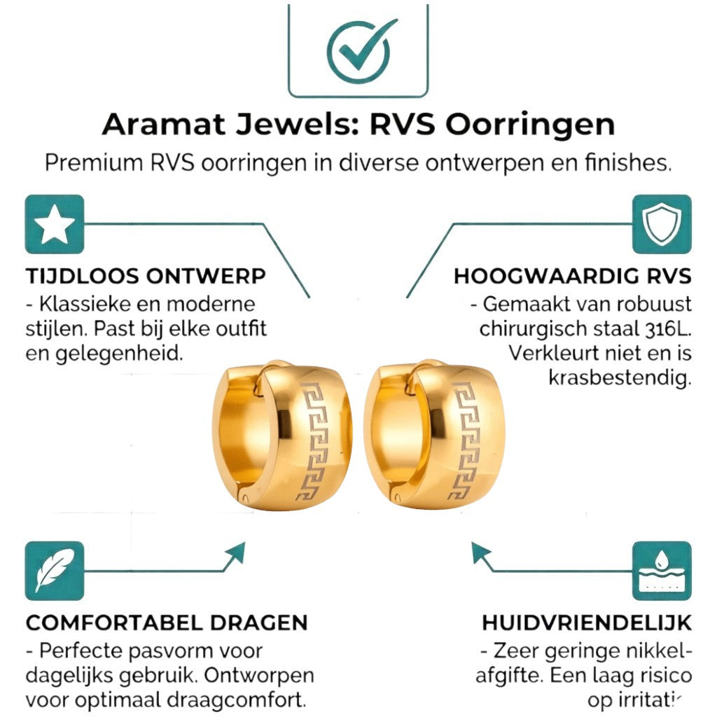 Aramat Jewels gold-tone stainless steel hoop earrings with Greek key pattern, 13mm diameter.