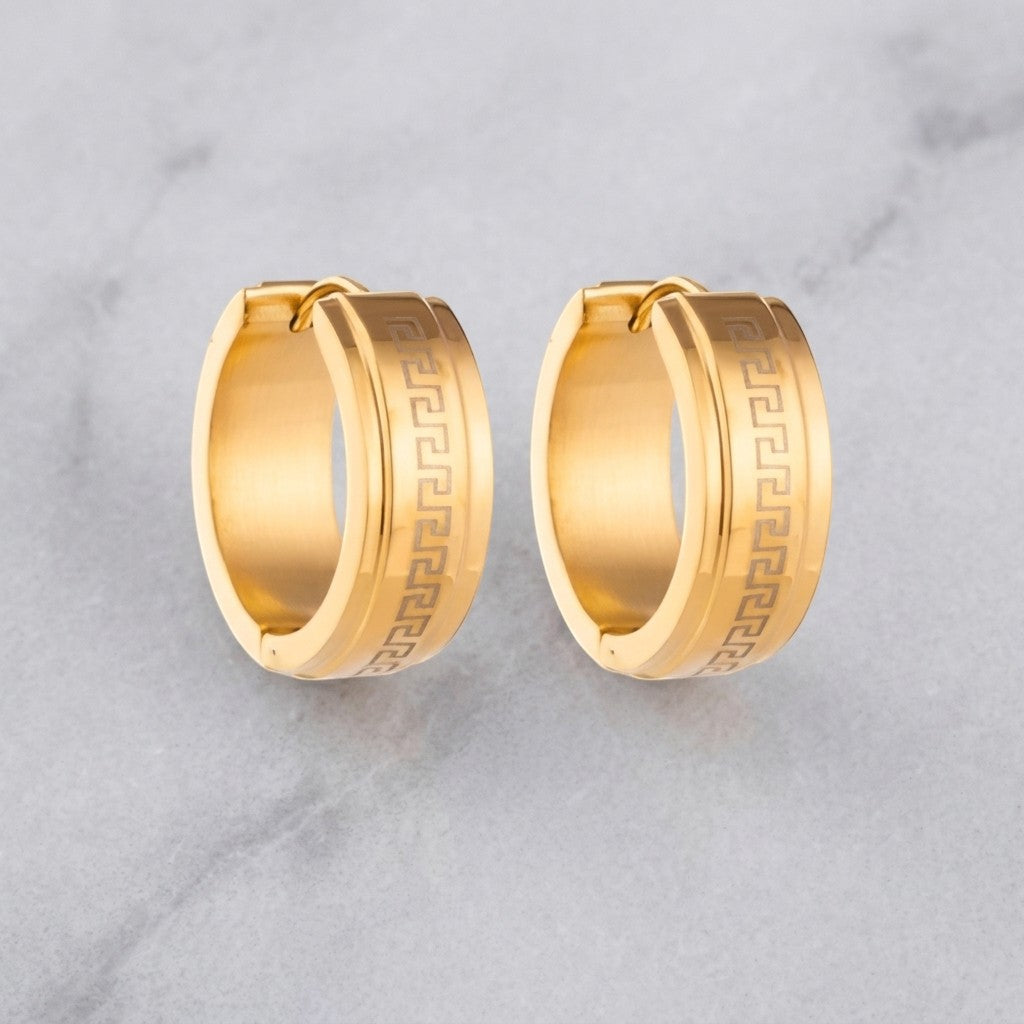 Aramat Jewels gold-tone stainless steel hoop earrings with Greek key pattern, available in 13mm and 20mm.